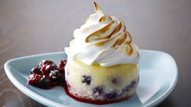 Lemon Berry Meringue Cakes with Bumbleberry Sauce